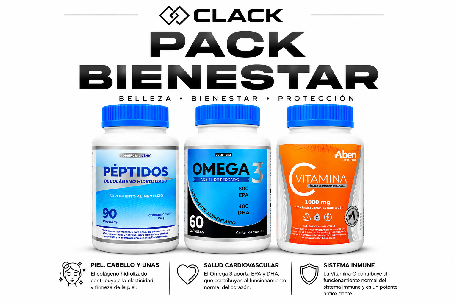 Pack Bienestar Petidos de Colageno Hidrolizado/Omega 3/ Viatmina C
